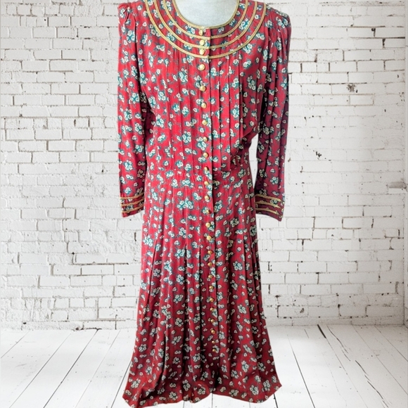 Vtg Plaza South Button Down Milkmaid Prairie Red Ditsy Floral Gold Trim Dress L - Picture 7 of 13